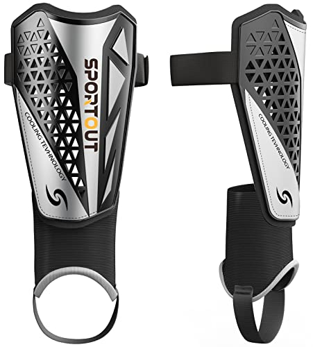 Sportout Kids Jugend Erwachsene Fußball Schienbeinschoner mit schützender Hartschale, bietet umfassenden Schutz für die Beine Ihrer Kinder. (Silber, M)