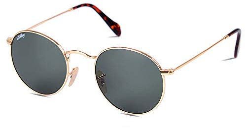 DIKLEY Ronde Vintage Rétro Miroir Anti-UV Lunettes de Soleil Femme Homme Métal Cadre Verre Lentille Unisexe (A-Cadre en Or/Vert Lentille)