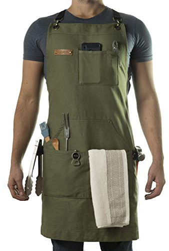 Asaya Chef, BBQ and Work Apron with Bottle Opener and Hand Towel - Durable 10oz Cotton Canvas, Brass Hardware and Cross Back Straps - for Men, Women, Grilling, and Cooking (Green)