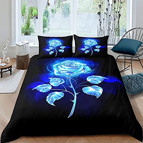 kldby Bettwäsche 135x200 Blau Rose Bettwäsche-Sets 2 Teilig Weiche Angenehme Mikrofaser Bettbezug Set mit Reißverschluss und 1 Kissenbezug 80x80 cm