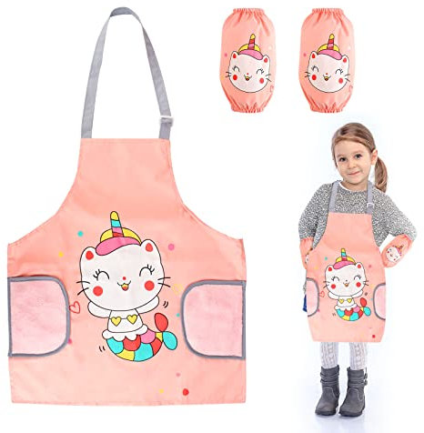 Boisbresil Delantal de Cocina para niños Juego de Delantales de Cocina Impermeables para niños Delantal de Chef Ajustable para niños con 2 Piezas de Manga Corta para Pintar Cocinar Hornear (Rosa)