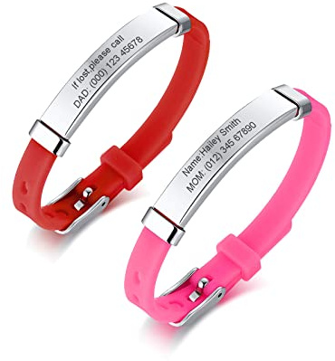 PJ JEWELLERY Notfallarmband SOS Armband Kinder Personalisierte - 2 Stück Edelstahl Silikonband Sicherheitsarmband Gravur Kleinkind Anti-Verlust Armbänder für Kinder Notfall Armband für Mädchen Jungen