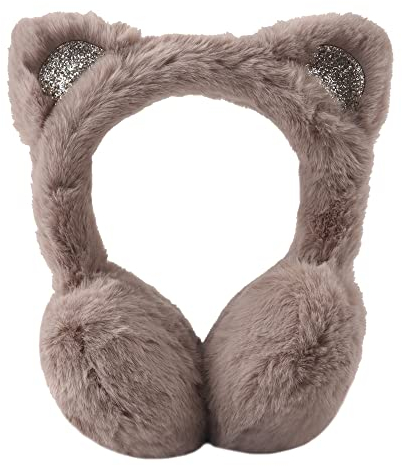 Kinder Ohrenwärmer Winter aus Weichem Plüsch Mädchen Wärmendes Ohrenschützer mit Süße KatzeÖhrche (Khaki Katze)