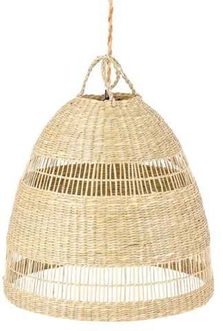 BARCELONA LED - Lámpara Colgante de Techo de Mimbre Natural con Florón de Madera. Lámpara con Portalámparas E27- Estilo Bohemio, Rústico. Pantalla Ratán Bambú Madera para Comedor, Salón, Habitación