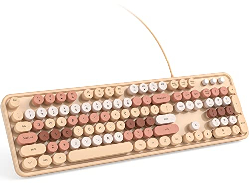 KNOWSQT Wired Computer Keyboard - Milk Tea Colorful Retro Full Size Round Keycaps Plug and Play Typewriter Keyboards for Windows, Laptop, PC, Desktop, Mac
