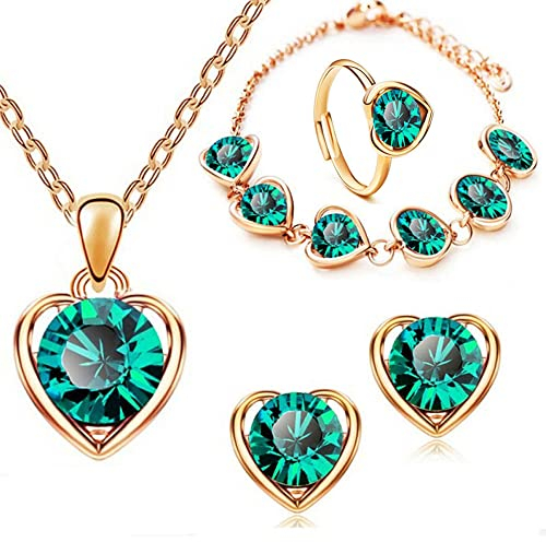 QKEPCY Elegantes Herz Schmuckset Für Damen Halskette Ohrringe Und Ring Mit Blauem Kristall Perfekt Für Besondere Anlässe Und Tägliches Tragen Hochwertiger Schmuck Für Frauen