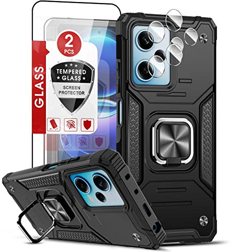 LeYi Handyhülle für Xiaomi Redmi Note 12 Pro 5G/Poco X5 Pro 5G Hülle kompatibel mit 2*Schutzfolie & 2*Kamera Folie, Rugged Armor Militärischer Ständer Schutzhülle 360° Ring Handy Case Cover Schwarz