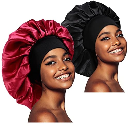 2 Stück Große Schlafmütze Nachtmütze,Weiche Nacht Schlaf Mütze Hut Satin Nachtmütze atmungsaktive Schlafkappe Kopfbedeckung mit Breitem Gummiband Sleep Cap Hair Bonnet für Damen (Schwarz,Weinrot)