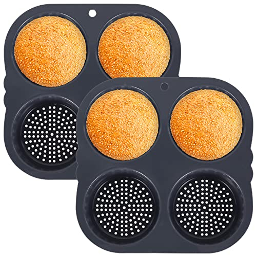 2Pcs Silicone Hamburger Bun Mold 4 Cavities Non-Stick Egg Muffin Baking Pan Flexible Burger Bread Tray Easy to Release Burger Bun Maker for Kichen Baking Cake Pie Custard