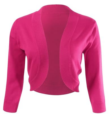 Allsense Women's 3/4 Sleeve V-Neck Cropped Bolero Shrug Cardigan, Hot Pink, Small