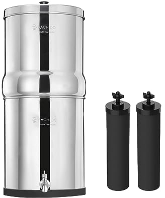 FACHIOO Système de filtre à eau alimenté par gravité en acier inoxydable de 2,25 g avec 2 filtres de purification noirs et robinet en métal, certification NSF/ANSI 42, réduit jusqu'à 99% du chlore