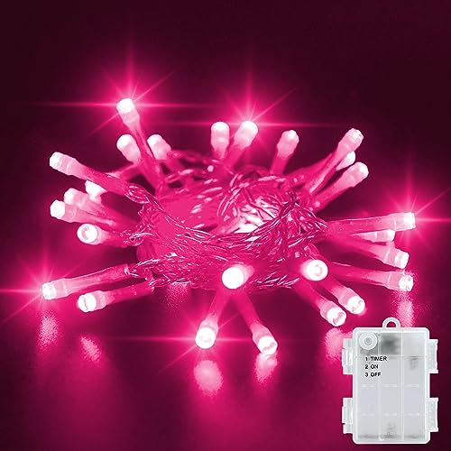 Dalugo Pink Battery Fairy Lights, 3M 30 LED Pink Christmas Lights with 6h Timer, IP65 Waterproof Battery Powered Fairy Lights for Indoor Outdoor Valentines Day Decorations