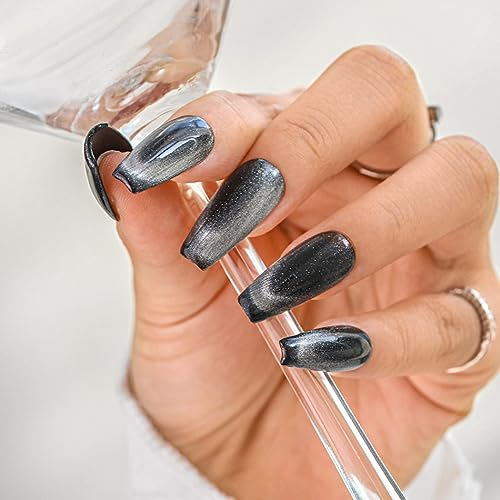 Sethexy Glitzer glänzend Langer Sarg Schwarz Falsche Nägel Handgefertigt Französischer Farbverlauf Katzenauge Falsche Fingernägel Acryl-Glanz Drücken Sie auf Nägel abnehmbar für Frauen und Mädchen