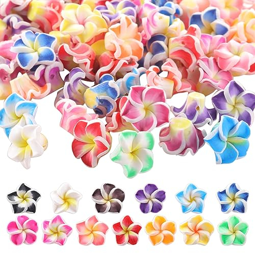 SUNNYCLUE 100 Stück Plumeria Perlen Aus Polymer Ton Handgefertigte Hawaiianische Plumeria Blumen 12x8 mm Flache Rückseite Florale Charms Sommerliche Bunte 3D Lose Abstandsperlen Für Die Schmuckherste