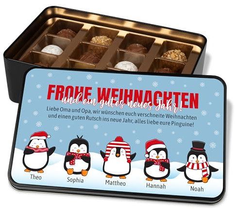 True Statements Pralinendose personalisiert „Frohe Weihnachten“ - 12 Confiserie-Pralinen in Metalldose - Pinguinen-Motiv anpassbar, mit Wunschtext & Namen – Schokolade Geschenk für Freunde & Familie
