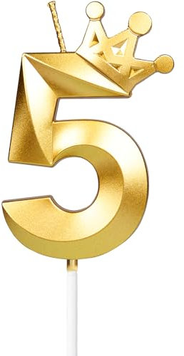 Yiran Gold 5th Birthday Candles with Crown, 3inch Giant Number 5 Candle, 5th Birthday Candle for Cake,Happy Birthday Candle, Cake Candles Cake Topper Decorations for Girls Boys Birthday Party Supplies