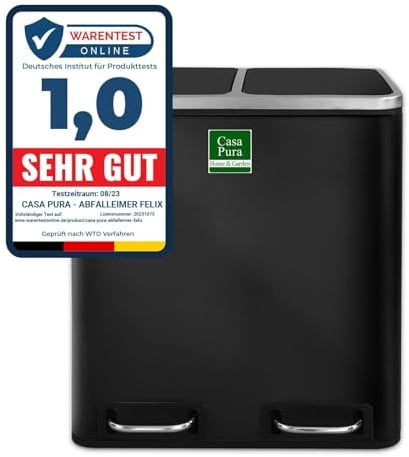 casa pura Mülleimer mit 3 Fächern - 2 x 30 Liter, herausnehmbare Inneneimer mit Henkel, Deckel mit Schließdämpfer - Mülltrennsystem, Abfalleimer für Küche & Büro (Felix, 60 L - Schwarz)