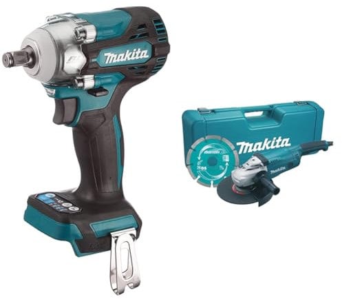 Makita DTW300Z Li-ion LXT Brushless Cordless Impact Wrench, Batteries and Charger Not Included, 18 V & GA9020KD/1 110V 230mm Angle Grinder Complete with Diamond Blade Supplied in A Carry Case