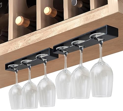 Vaisoeny Wine Glass Holder,Wine Glass Rack 2 Pack,No Drilling Wine Glass Holder Under Cabinet, Hanging Stemware Rack Organizer Hanger for Bar Cabinet Kitchen(Black)