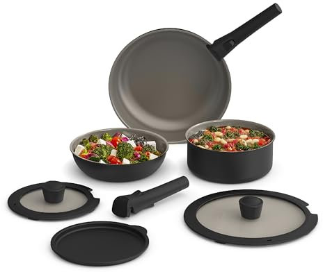 Bella Set di pentole antiaderenti in ceramica con manici rimovibili, 8 pezzi, colore: nero