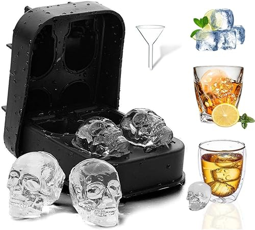 3D Stereo - Bandeja para cubitos de hielo FaJoek 4 huecos Molde de la Bandeja del Cubo de Hielo del cráneo con tapa, Bandejas de Cubitos de Hielo, bandeja de grado alimenticio(Esqueleto)