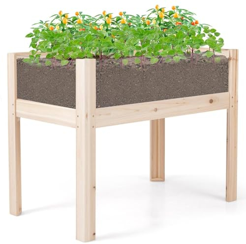 GiantexUK Raised Garden Bed, Wooden Elevated Planter Box with Acrylic Panels Drainage Holes & Movable Boards, Vegetables Herbs Flowers Planting Stand Grow Box for Patio Backyard (100 x 59 x 77cm)