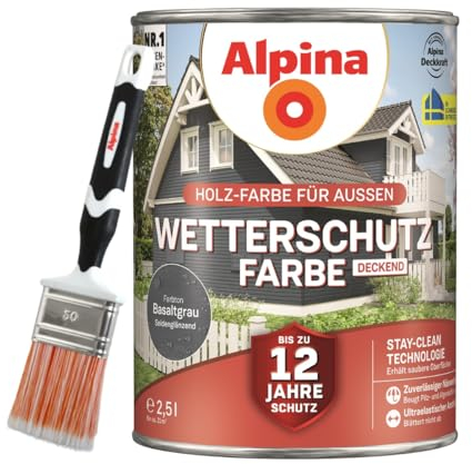 Alpina Wetterschutz-Farbe deckend 2,5 Liter seidenglänzend + Pinsel 50 mm (Basaltgrau)