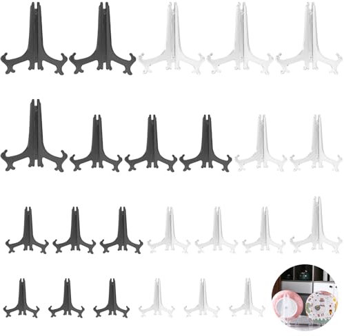 GAOHAN 24pc Folding Plate Holder Decorative Stand Ornamental Easel Picture Frame Holder for Weddings, Home Decoration, Birthdays, Tables - Clear & Black (4 Sizes)