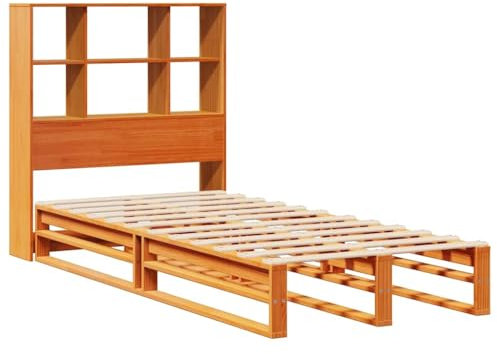 vidaXL Massivholzbett, Bett mit Bücherregal ohne Matratze, Holzbett Bettgestell mit Lattenrost, Palettenbett Einzelbett für Schlafzimmer, Wachsbraun 90x190cm