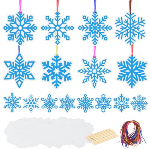 MONCAP 48 Stück Schneeflocken Kratzpapier Winter Kratzbilder Kinder Regenbogen Scratch Art Schneeflocken Kreativ DIY mit Holzstiften Bändern für Weihnachten Winter Deko Party Mitgebsel Geburtstag