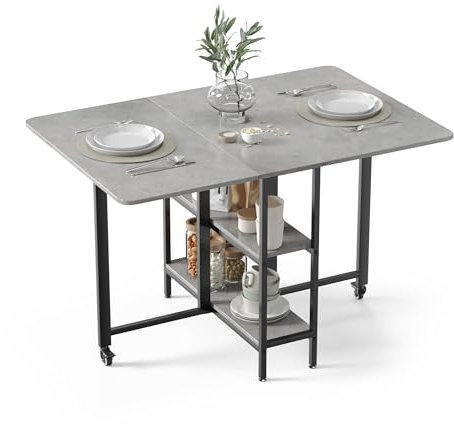 Mondeer Mobile Folding Dining Table, Drop Leaf Table with 2 Open Storage Shelves for Small Spaces Dining Room Kitchen, 120 x 80 x 75 cm, Grey