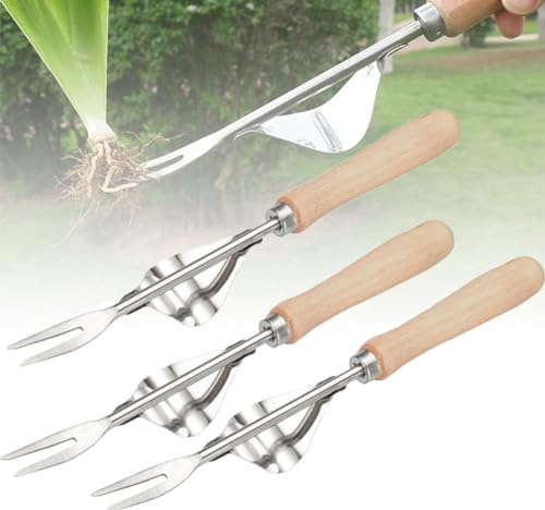 2025 Nouveau Jardinière Manuelle, Désherbeur Manuel Outil Gouge de Désherbage en Acier Inoxydable avec poignée Bois Pelle Jardinage Arrache Pissenlit (3pcs)