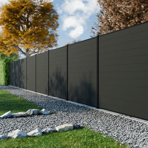 RIO Anthrazit-WPC-Zaunset 7,5 x 1,8 m – Verbundholz und Aluminium – Pfosten auf schwarzen Platten – schneidbar – Verdeckung