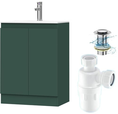 BELOFAY 600mm Under Sink Bathroom Cabinet Floor Standing Storage Cupboard Basin Vanity Unit, 600mm Laquered Cloakroom Vanity Unit with Basin, Trap and Waste, Tap not included (Denvor Green)