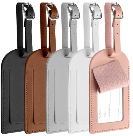 Arvoni Lot de 5 Etiquette Valise, Cuir PU Étiquettes de Bagages, Etiquettes à Bagage avec Plaque D'adresse, PVC Imperméable Etiquette Bagage Valise, Étiquette de Sac à Main, Accessoires de Valise
