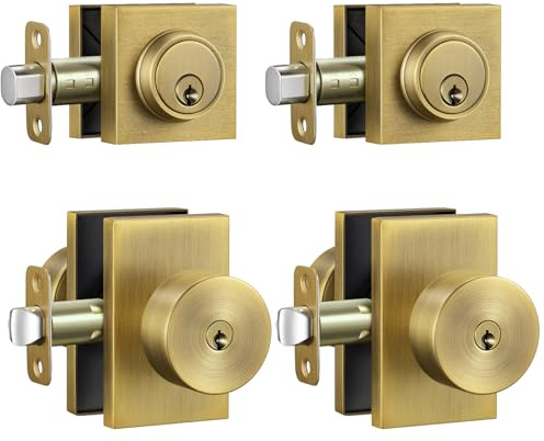 Calzibeno Exterior Door Knob and Deadbolt Set, 2 Pack Antique Brass Front Door Lock Set Exterior, Keyed Alike Entry Door Knob for Right and Left Sided Door, Double Lock