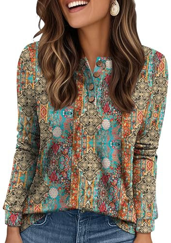 XIEERDUO Womens Sweatshirts Ladies Jumpers for Women UK Long Sleeve Tops Ladies Button Up Henley Shirts Size 14-16 Figure L