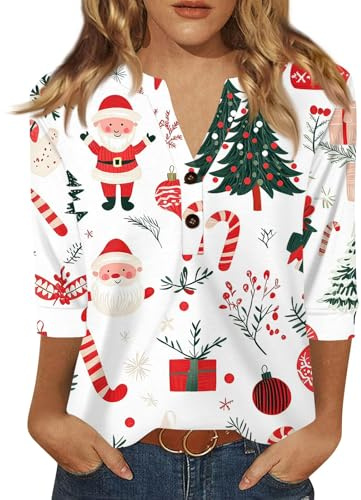 Oberteil Unterdamen Sportlich Grosse Grössen 4572 Ärmel Tshirt Stil Xmas Print Soft T Shirt Damenen V Neck