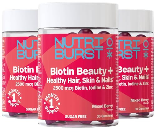 Nutriburst Biotin Beauty - Healthy Hair, Skin & Nails - 2500mcg Biotin with Zinc, Iodine, Vitamins A, C, D3 & E - Mixed Berry Flavour • Vegan & Sugar Free • 90 Gummies (3 Month Supply)