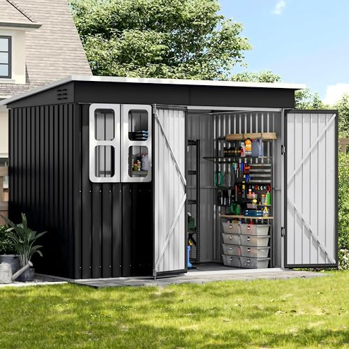 UDPATIO Gartenhaus Metall 260 x 176 x 190 cm mit Fenster, abschließbarer Tür und Belüftung, Fahrradgarage mit Pultdach, Geräteschuppen für Werkzeuge, Ausrüstung, Wasserdicht, Dunkelgrau