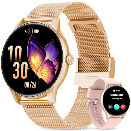 Elegante Smartwatch Damen mit Telefonfunktion, 1,39 Zoll Voll Touch Screen Fitness Tracker, 120+ Sportmodi, IP68 Wasserdicht Smart Watch mit Herzfrequenz, SpO2, Schlafmonitor für iOS Android, Rotgold