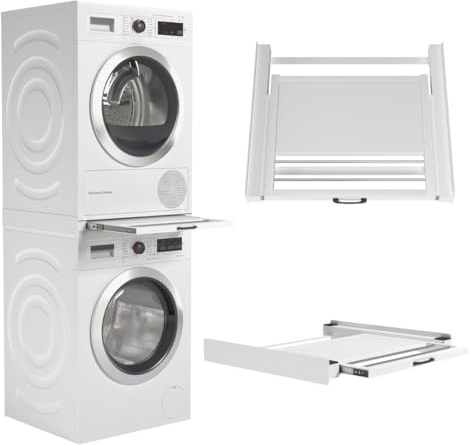 Wasophoogte® Abstandshalter Waschmaschine Trockner mit Plateau und Wäscheständer – Stapel-Kit für Waschmaschine und Trockner – Universalzwischenrahmen, Geeignet für jede Marke – Farbe: Weiß, Langlebig