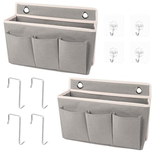 2 Stück Hängeorganizer Wand Organizer mit 8 Haken Aufbewahrung Hängend | Tür Organizer Leinen mit Großer Mesh Abteilung Und 3 Taschen, für Schlafzimmer Büro Badezimmer Küche Camping (Grau)