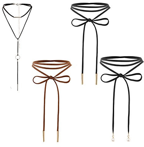 Cupimatch 4pcs Damen Choker Halskette, Boho Stretch Leder Y Kette Schmuckset mit Schleife schwarz einstellbar Lange Ketten Kragen Halsband, Gotik Punk Rock Lederband, Modeschmuck für Frauen Mädchen