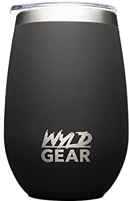 Wyld Gear Wyld Wine 12 oz (354 ml), 2 Deckel, Black - Inklusive Sip Lid (Flip Deckel), Straw Lid (Flip Deckel mit Trinkhalmloch) & Edelstahl-Trinkhalm | Isolierbecher | BPA-frei