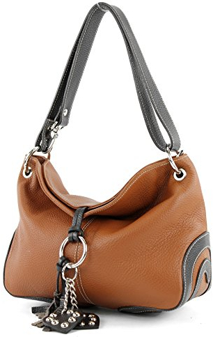 modamoda de - T10 - ital. Schultertasche Umhängetasche aus Leder, Farbe:Cognac/Dunkelbraun