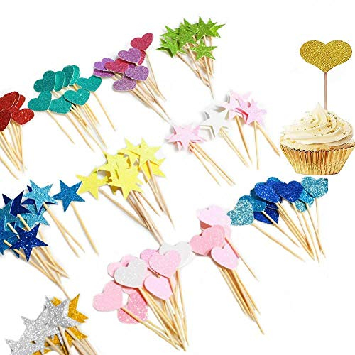 Dusenly 100pcs Colorful Heart Cupcake Toppers Glitter Stars Cake Topper Picks Cake Decorations for Birthday, Wedding and Baby Shower Party Supplies