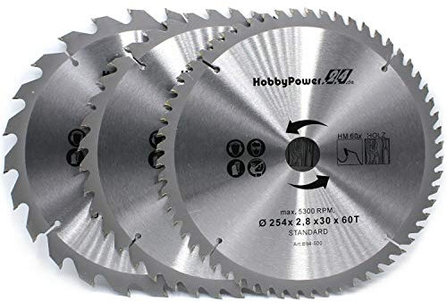 Lot de 3 lames de scie circulaire 254 x 30 mm 24, 40 et 60 dents + 3 bagues de réduction par lame de scie à onglet Metabo KGS 254 M