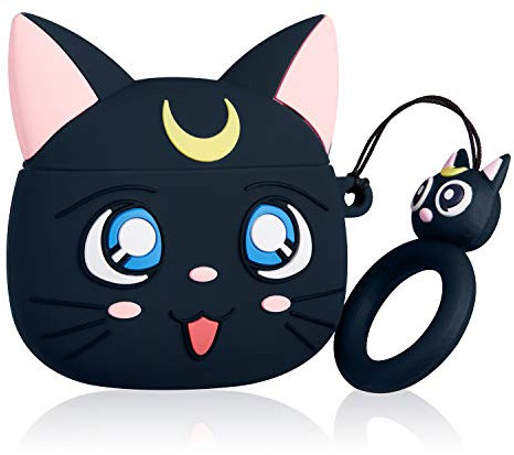 Jowhep Case for AirPod 2/1 Cartoon Design Cute Silicone Cover with Keychain Fashion Funny Shockproof Soft Protective Skin for Air Pods Girls Kids Kawaii Food Shell Cases for AirPods 1/2 Black Luna Cat