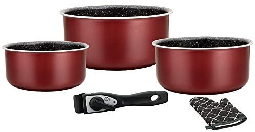 Herzberg - Juego de cacerola de inducción y sartén para todo tipo de fuegos, juego de cocina de 5 piezas con ollas revestidas de mármol y mango desmontable, burdeos HG 8051